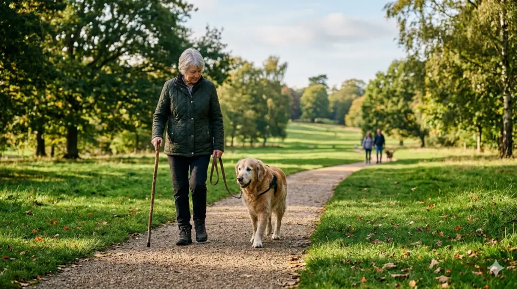 elderly dog joint mobility walking outdoors